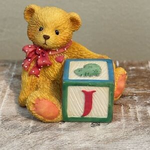 Cherished Teddies Golden Bear with Red Bow and Block J